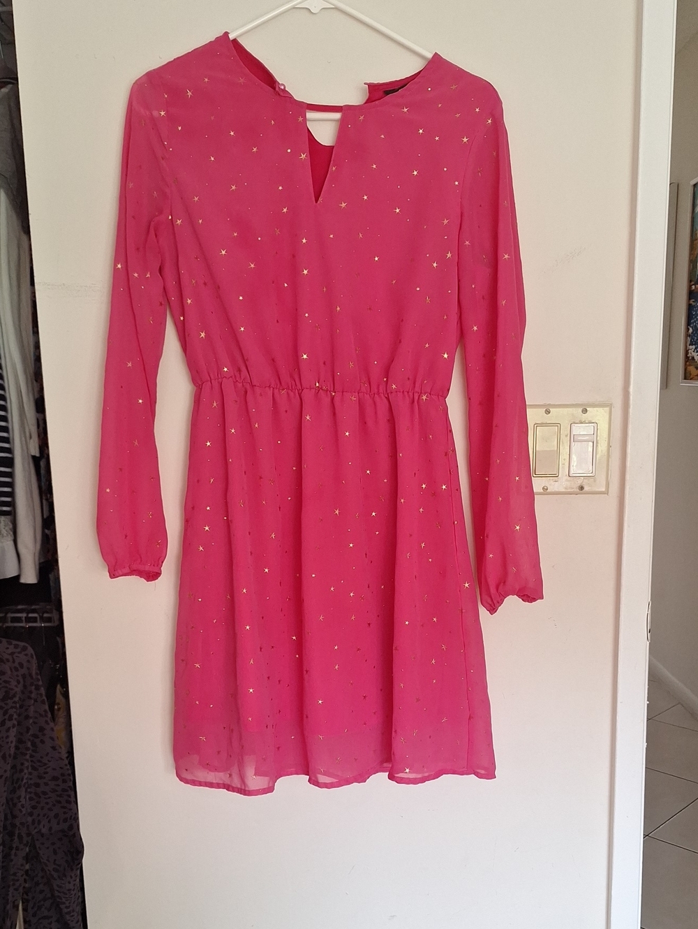 Allegra K Fuchsia Pink Long-Sleeve Star Accent Dress